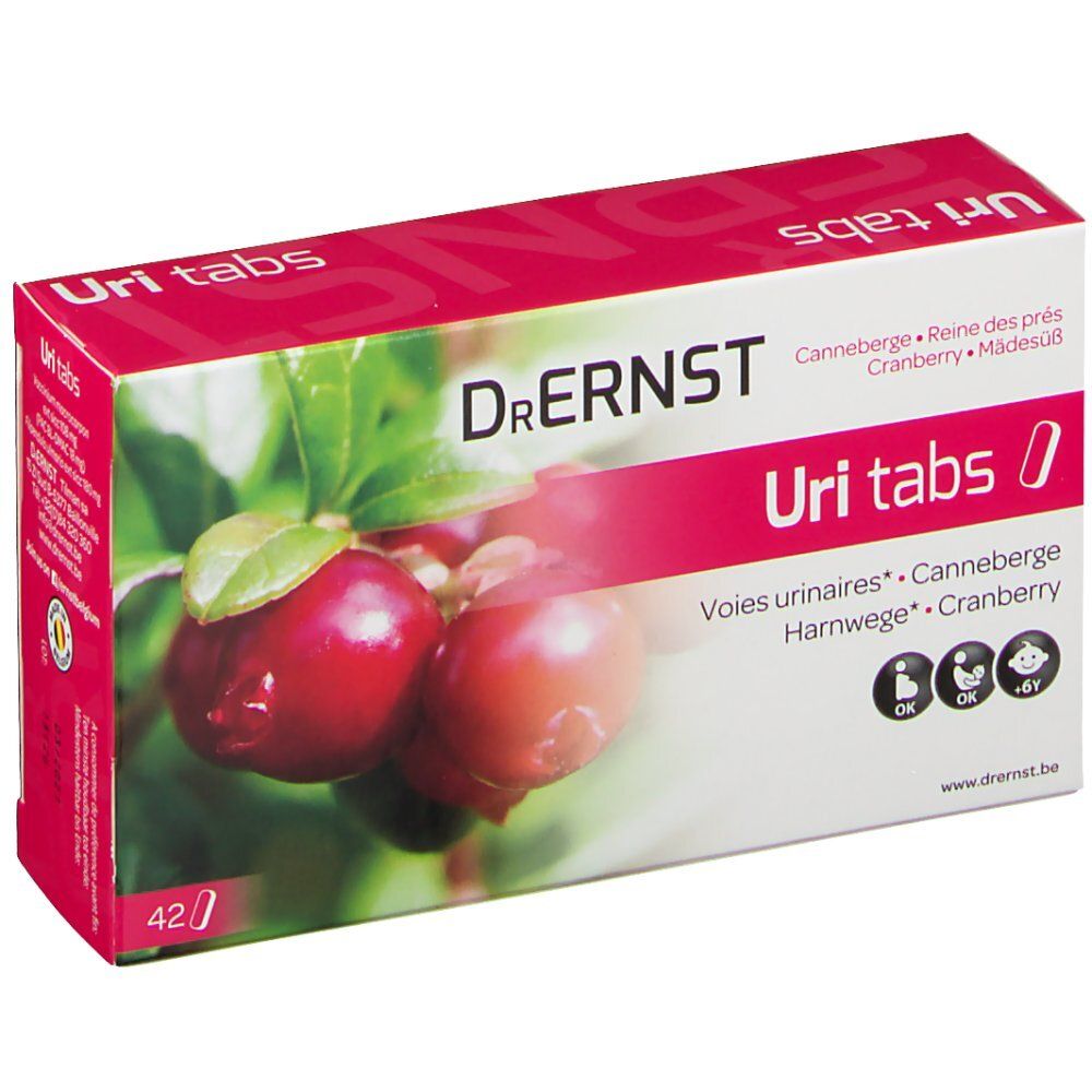 Confezione di Dr. Ernst Uritabs con immagine di mirtilli rossi. Contiene 42 compresse. Scritte: Cranberry, Reine des prés, Voies urinaires, Urinewegen. Età.