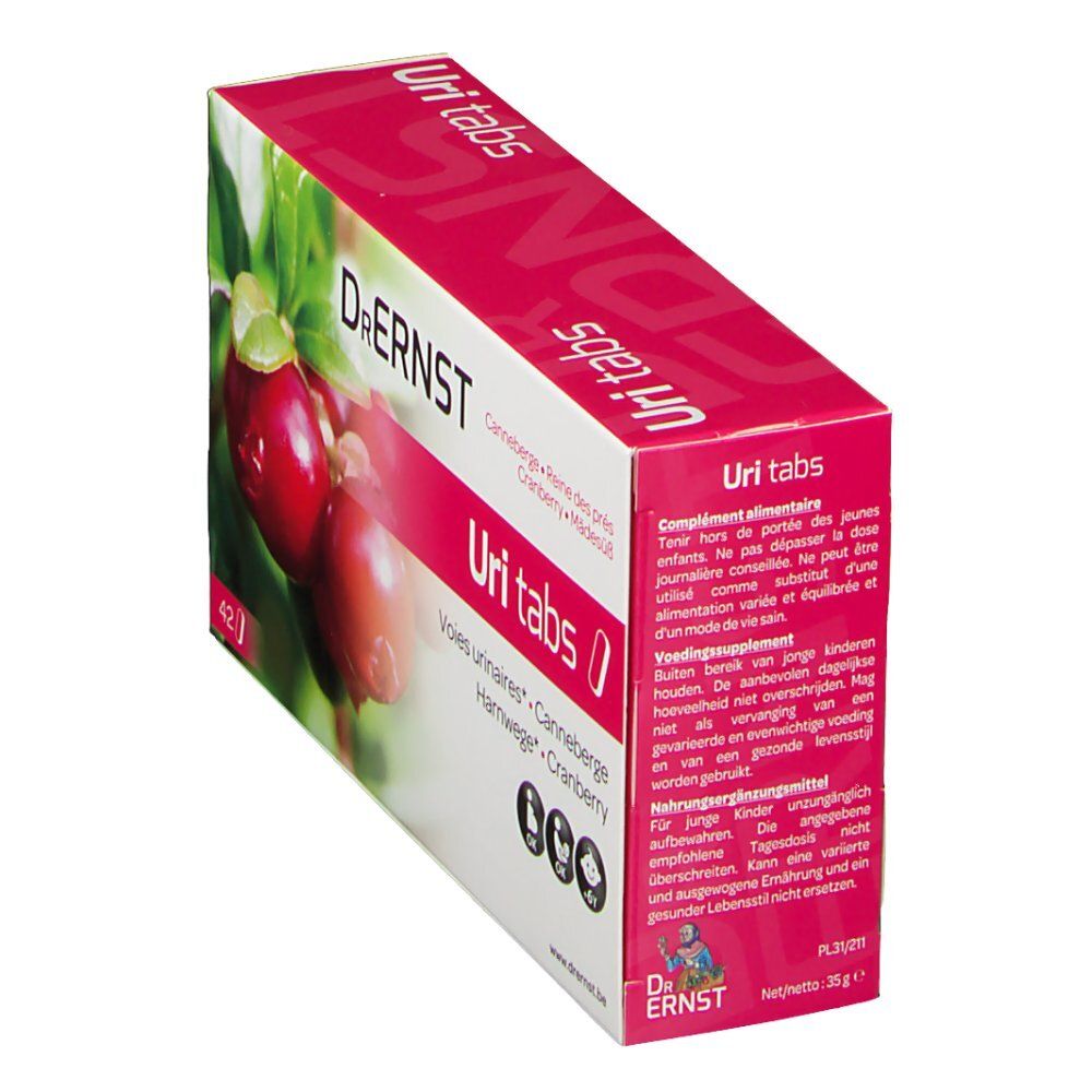 Confezione di Dr. Ernst Uritabs inclinata. Scritte: Cranberry, Reine des prés, Voies urinaires, Urinewegen. Contiene 42 compresse. Dettagli e ingredienti.