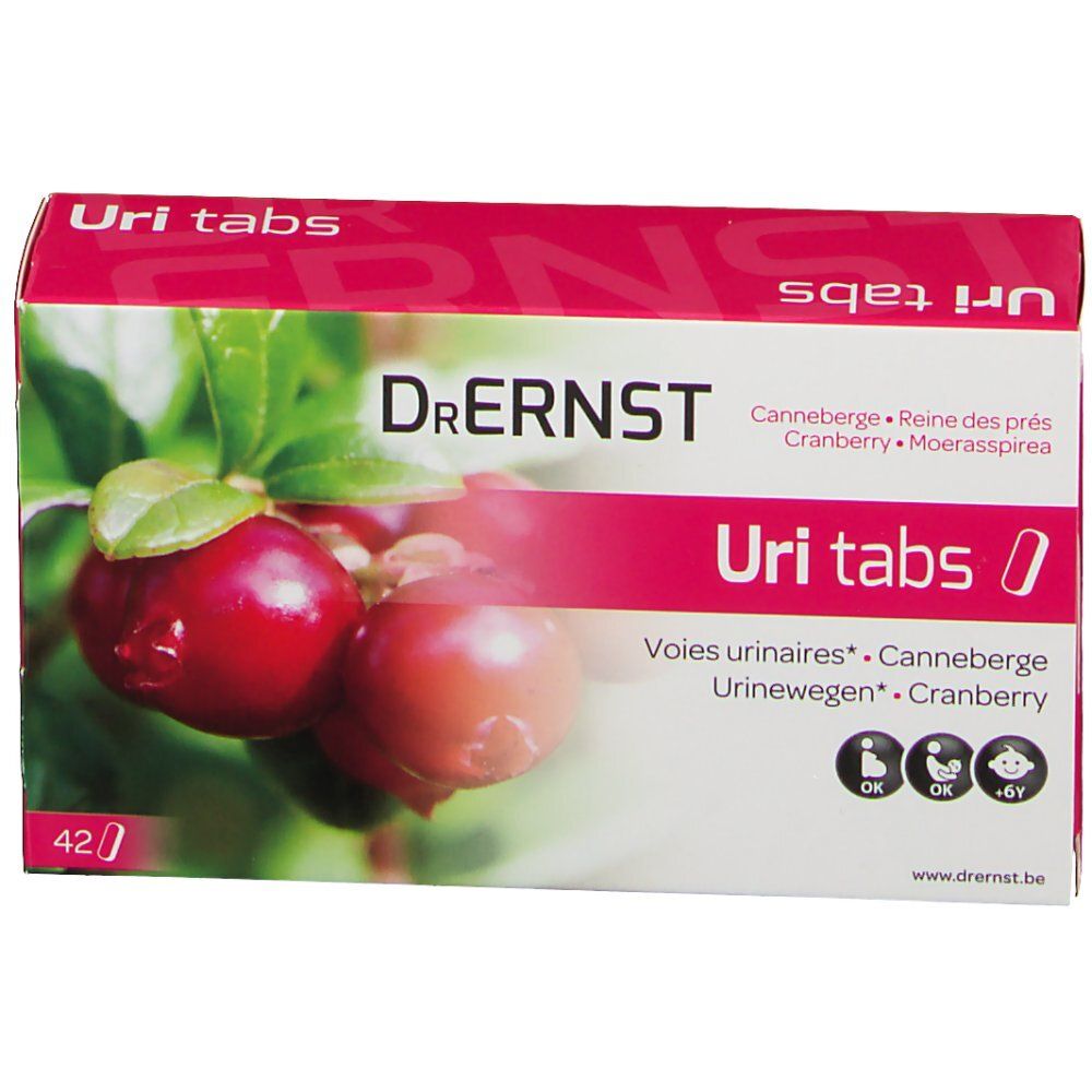 Confezione di Dr. Ernst Uritabs con immagine di mirtilli rossi. Contiene 42 compresse. Scritte: Cranberry, Reine des prés, Voies urinaires, Urinewegen. Età.