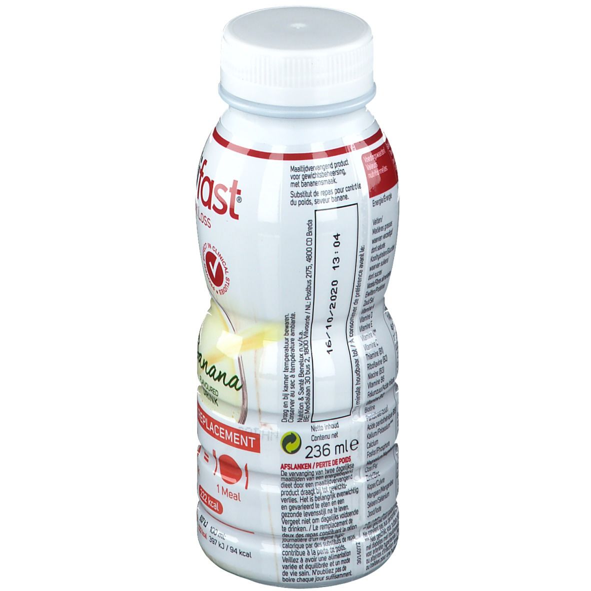 Bottiglia bianca e rossa al gusto banana. Contiene 236 ml. Scritta: Modifast, Meal Replacement, Banana. Con tappo a vite.