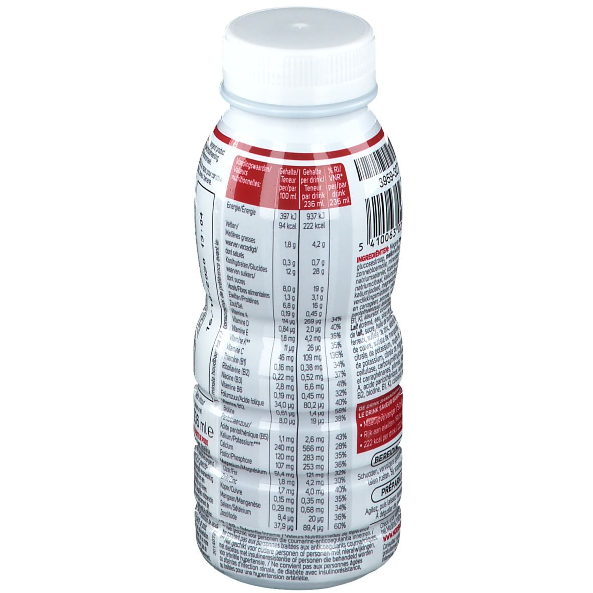 Bottiglia bianca con informazioni nutrizionali. Contiene 236 ml. Con tappo a vite. Scritta: Modifast. Contiene vitamine e minerali.