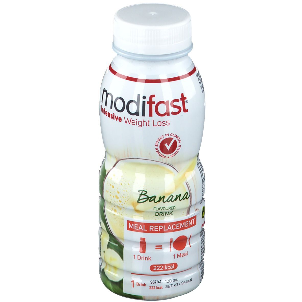 Bottiglia bianca al gusto banana. Scritta: Modifast, Intensive Weight Loss, Banana, Meal Replacement. Con tappo a vite.