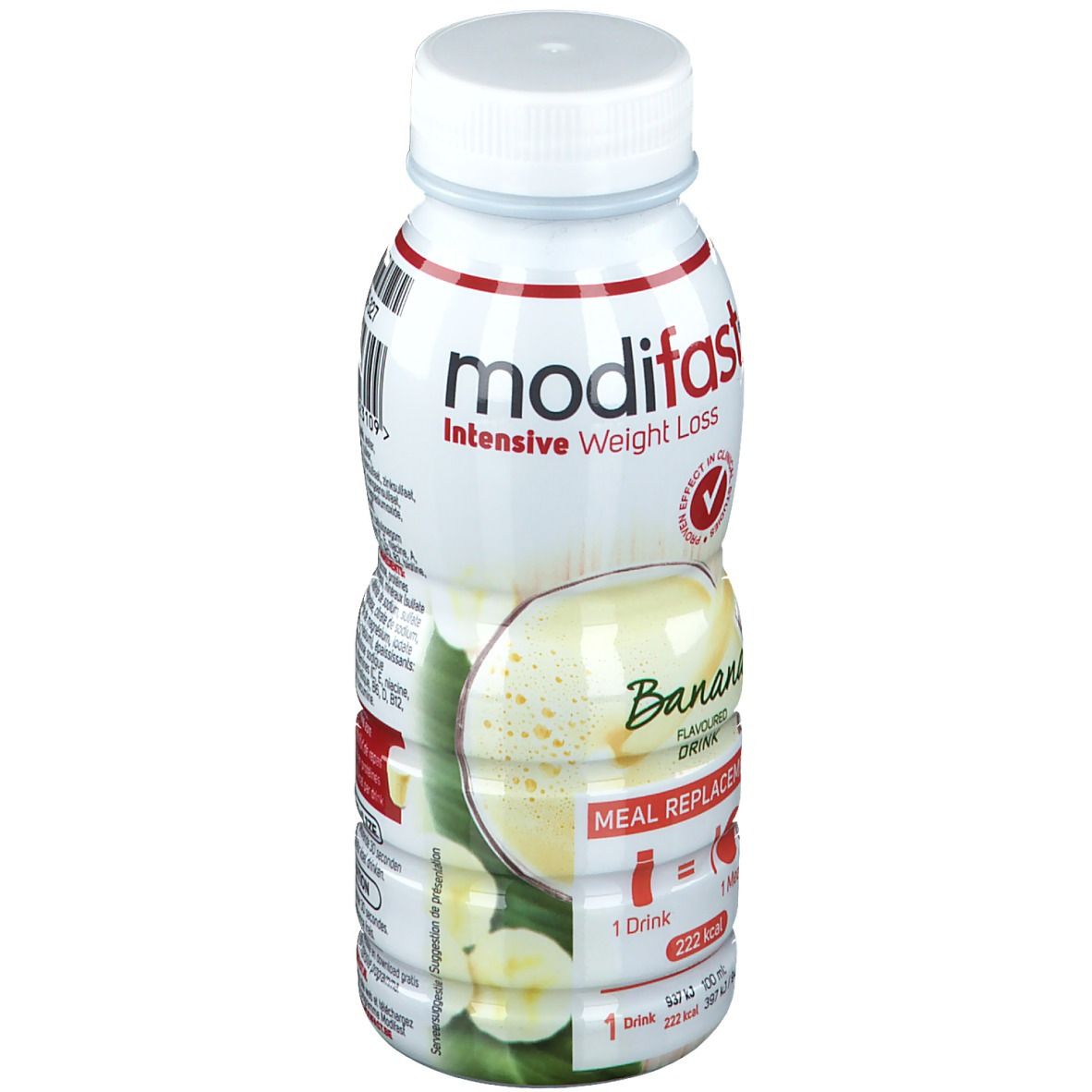 Bottiglia bianca al gusto banana. Scritta: Modifast, Intensive Weight Loss, Banana, Meal Replacement. Con tappo a vite.