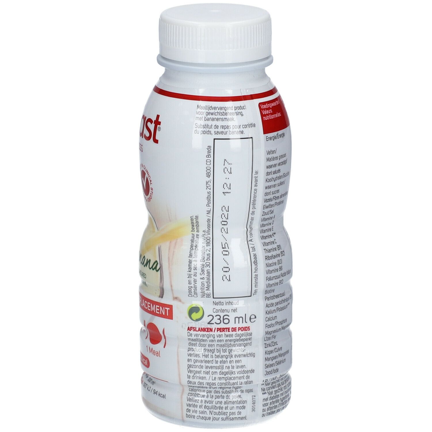 Bottiglia bianca e rossa al gusto banana. Contiene 236 ml. Scritta: Modifast, Meal Replacement, Banana. Con tappo a vite.