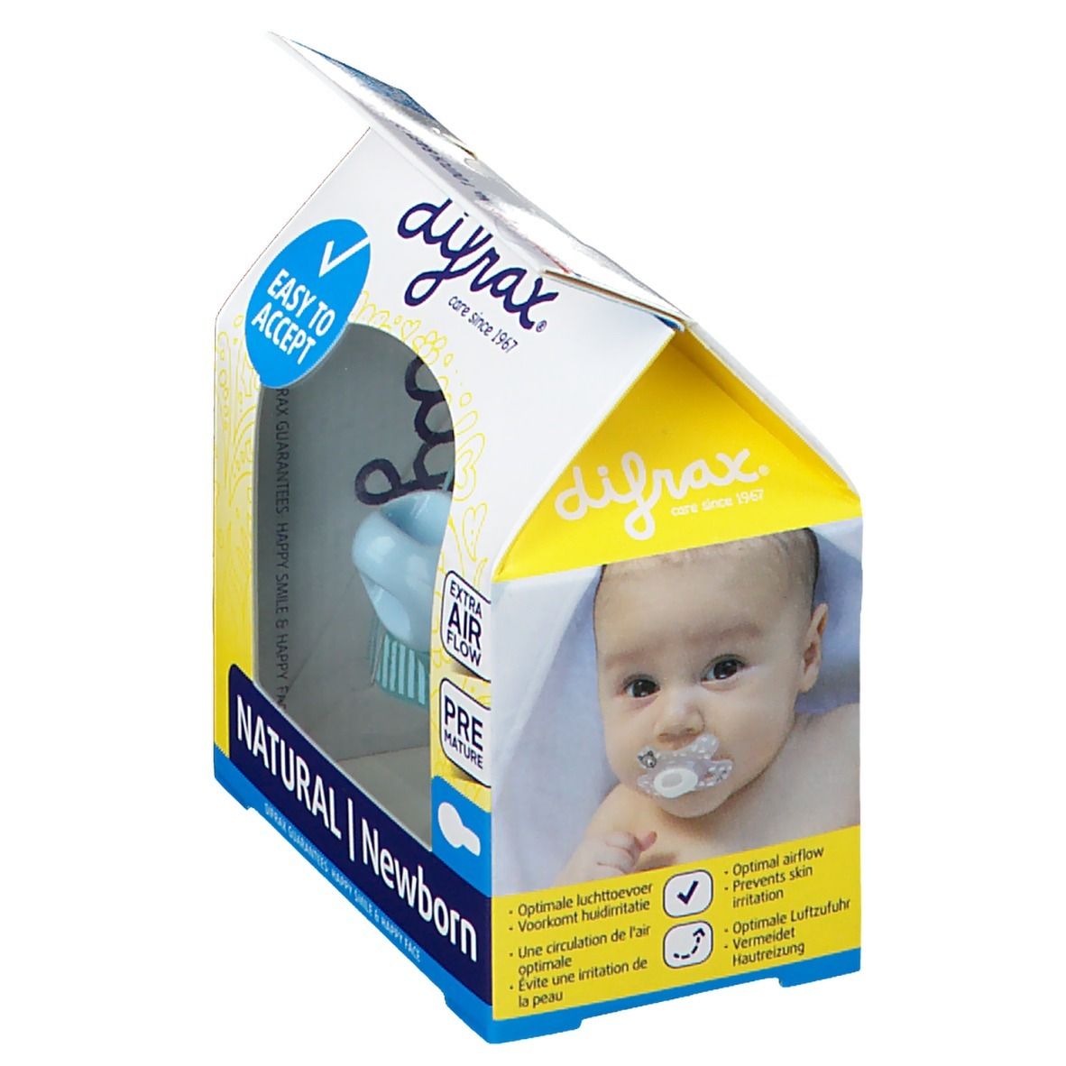 Confezione con foto di bambino e succhietto. Con scritte 'Easy to Accept' e 'Extra Air Flow'.