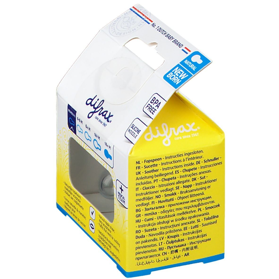 Confezione con testo multilingue. Scritte 'BPA Free' e 'Silicone Nozzle'.