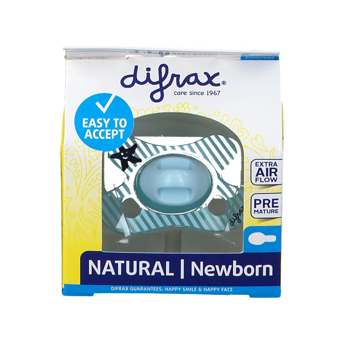 Confezione con succhietto blu trasparente. Con scritte 'Easy to Accept' e 'Extra Air Flow'.