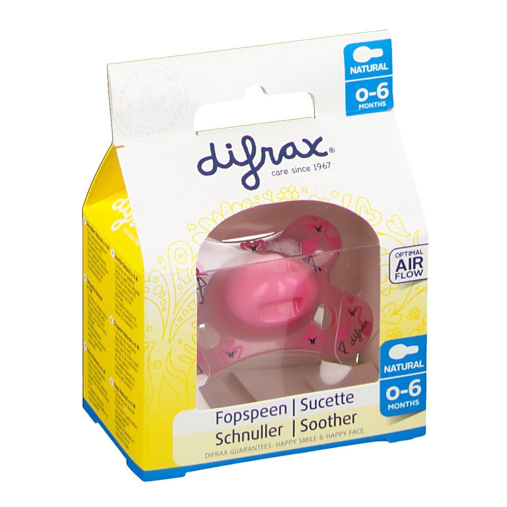 Confezione con succhietto rosa. Visibile: marchio, nome del prodotto, età 0-6 mesi, e 'Optimal Air Flow'.