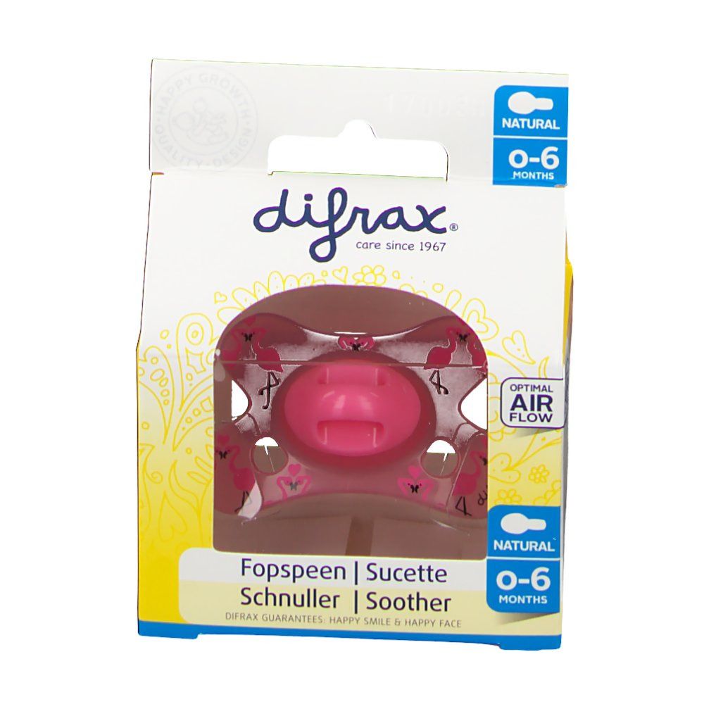 Confezione con succhietto rosa. Visibile: marchio, nome del prodotto, età 0-6 mesi, e 'Optimal Air Flow'.