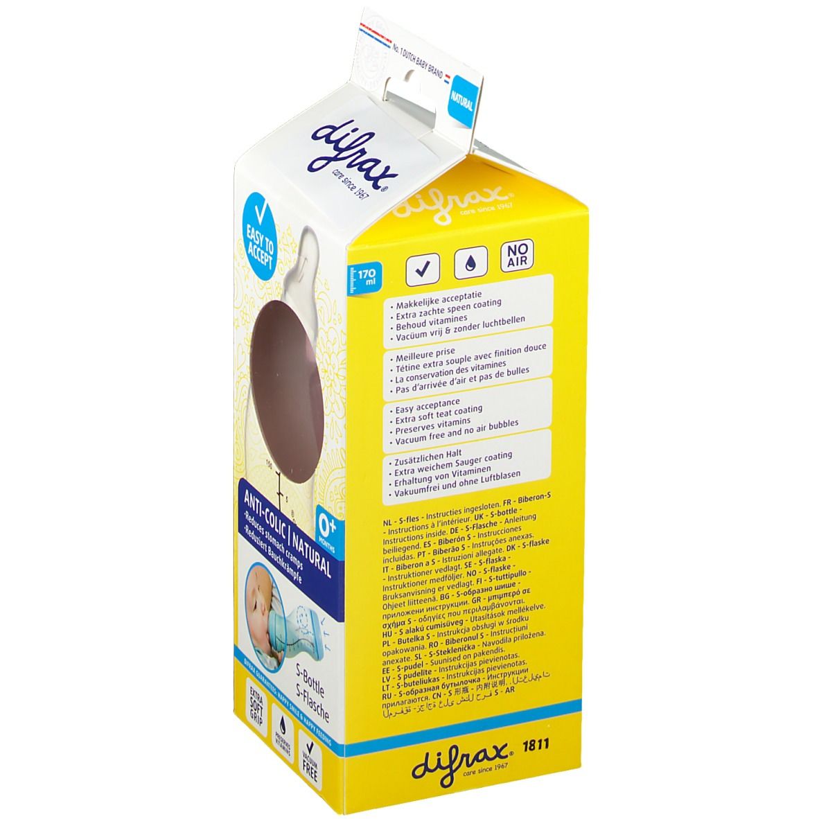 Retro della confezione Difrax S-Fles Natural Estrecho Niña. Testo e illustrazioni su sfondo giallo e bianco.