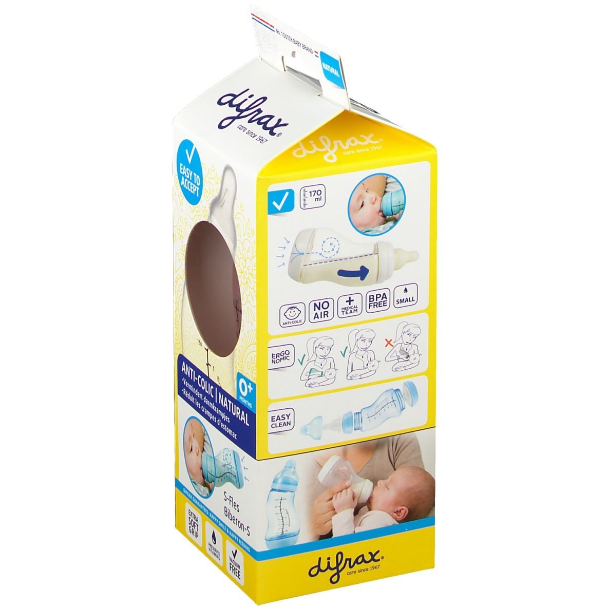 Confezione Difrax S-Fles Natural Estrecho Niña. Bottiglia marrone, flacone trasparente, confezione gialla e bianca.