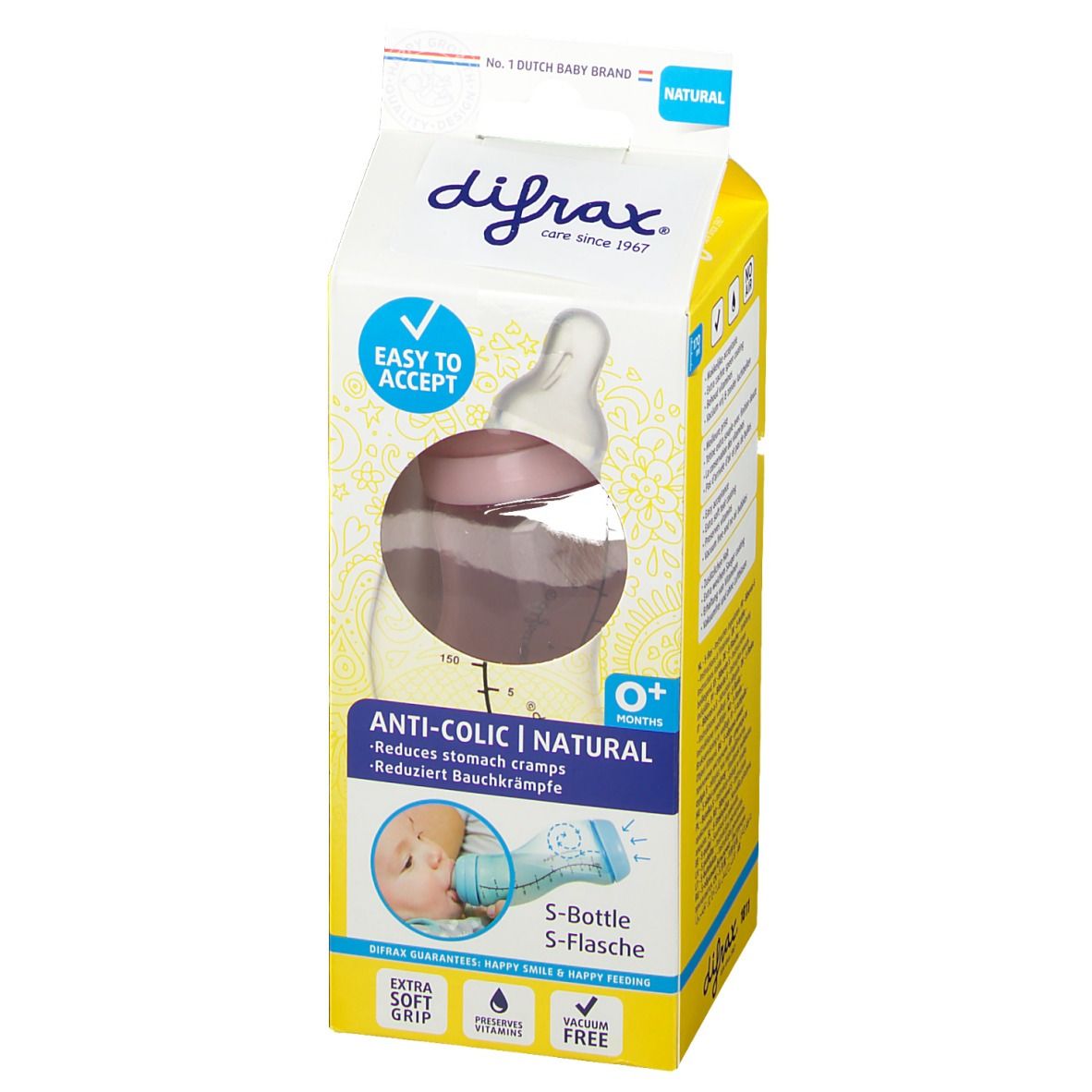 Confezione Difrax S-Fles Natural Estrecho Niña. Bottiglia rosa, flacone trasparente, confezione gialla e bianca.
