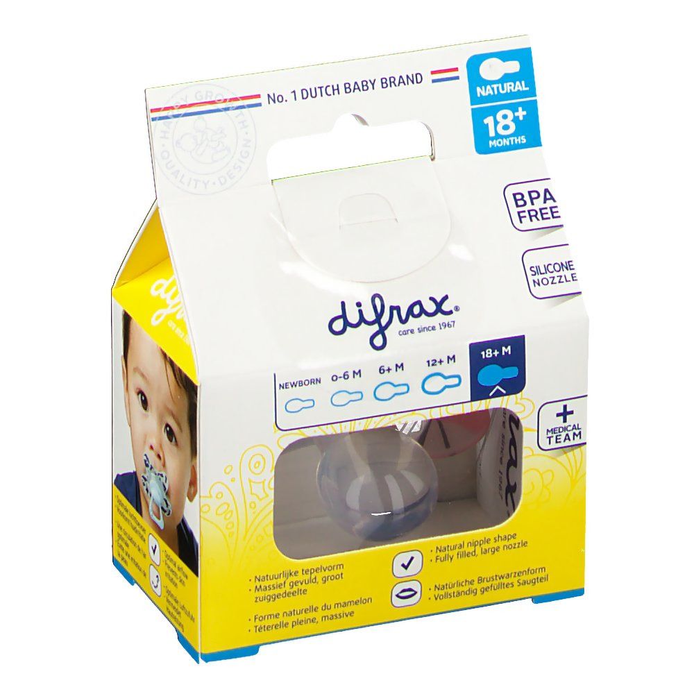 Confezione con succhietti. Visibili: succhietti trasparenti, scritta "18+ mesi", "BPA FREE", "Silicone Nipple".