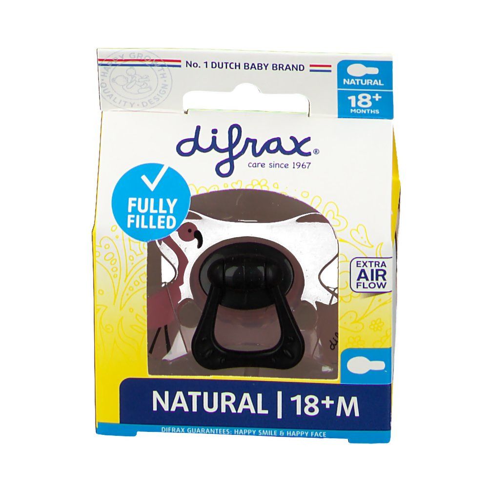 Confezione con succhietto. Visibile: tettarella nera, cappuccio trasparente, scritta "18+ mesi", "Natural", "Extra Air Flow".