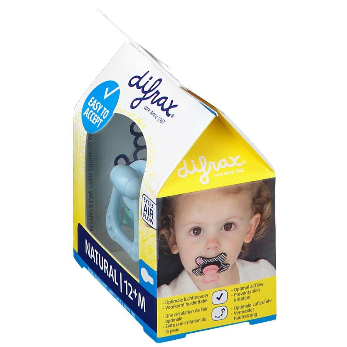 Confezione con succhietto blu e bambino. Testo: Difrax, Natural 12+M, Easy to Accept, Extra Air Flow.