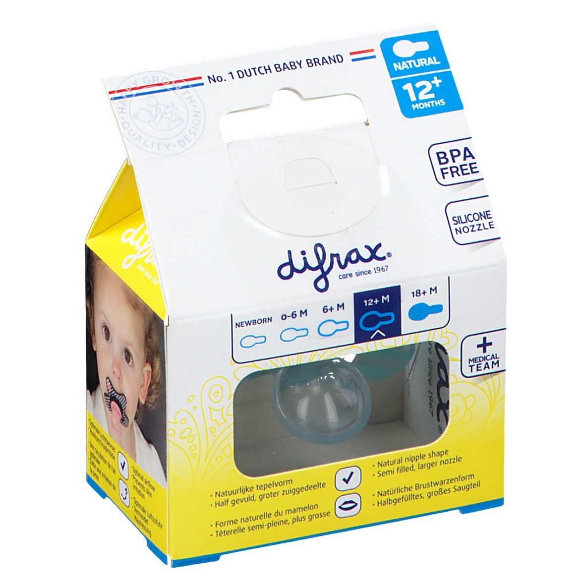 Confezione con succhietto blu. Testo: Difrax, Natural 12+M, BPA Free, Silicone Nipple.