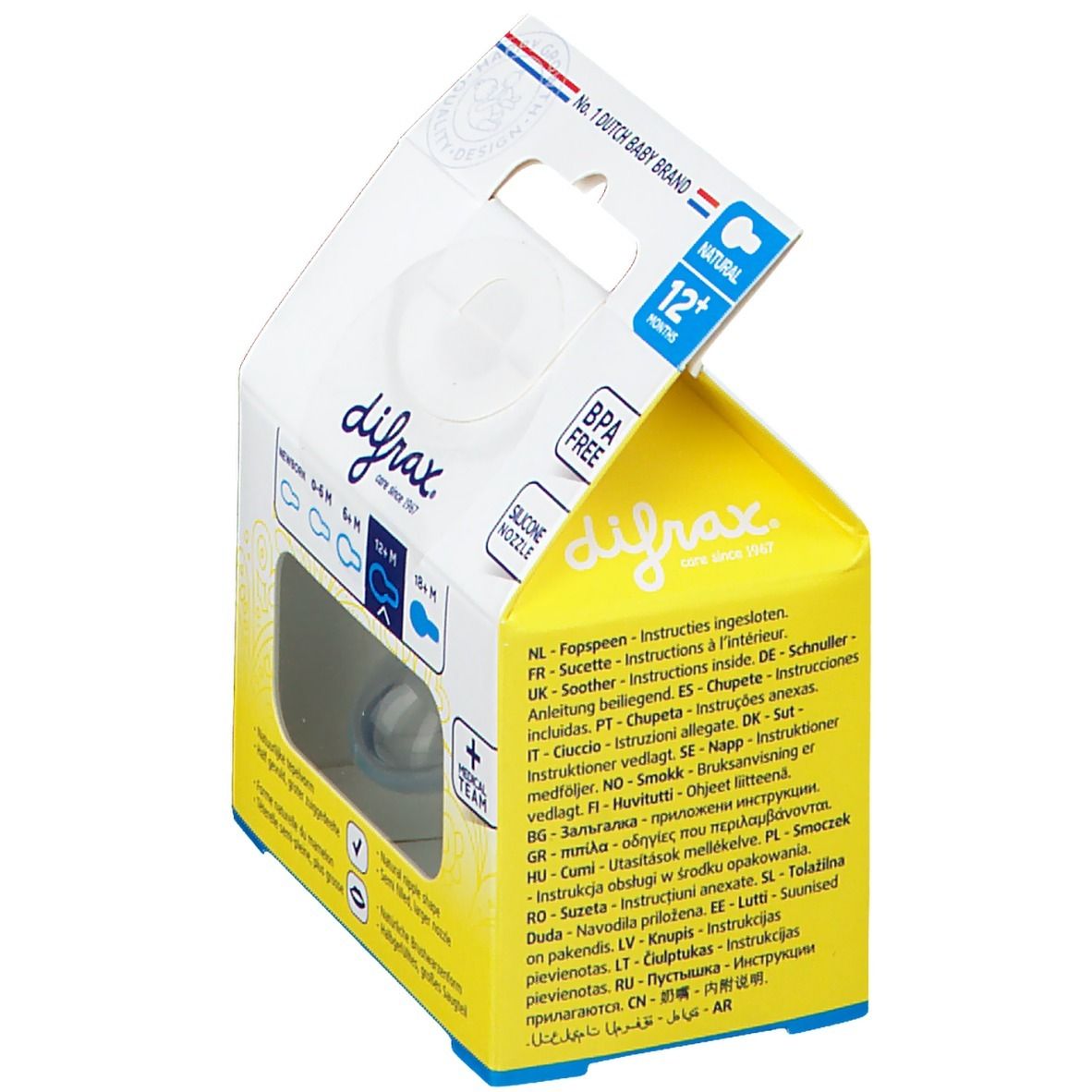 Confezione con succhietto blu. Testo: Difrax, Natural 12+M, BPA Free, Silicone Nipple.