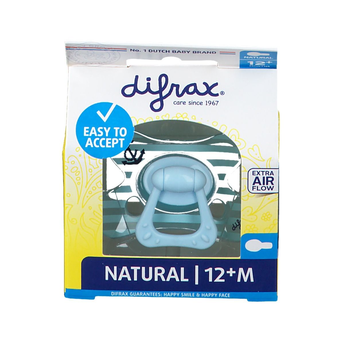 Succhietto nella confezione. Blu, con manico. Testo: Difrax, Natural 12+M, Easy to Accept, Extra Air Flow.