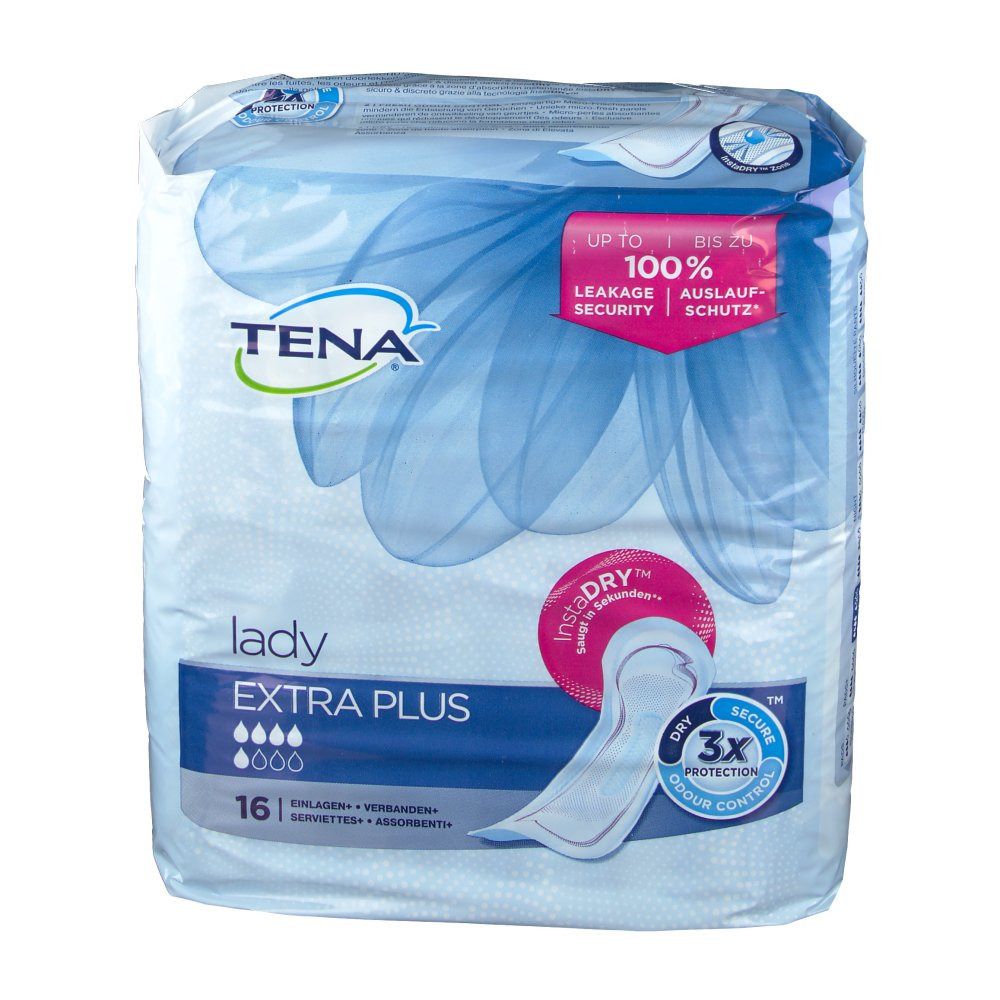 Confezione Tena Lady Extra Plus. 16 assorbenti. Scritte: 100% protezione perdite, InstaDRY, protezione 3X.
