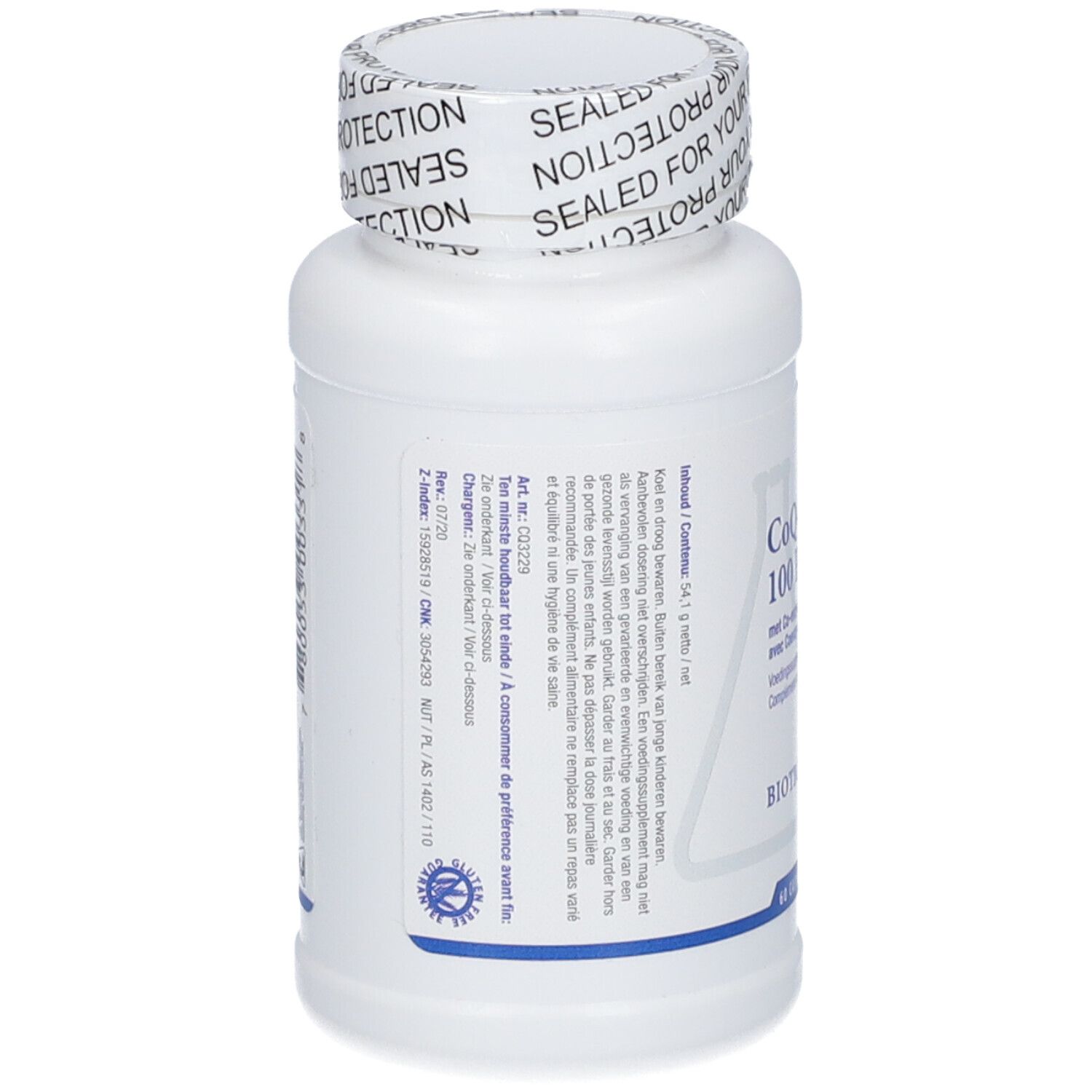 Retro del flacone bianco CoQ-Zyme 100 Plus. Testo multilingue. Logo Biotics Research.
