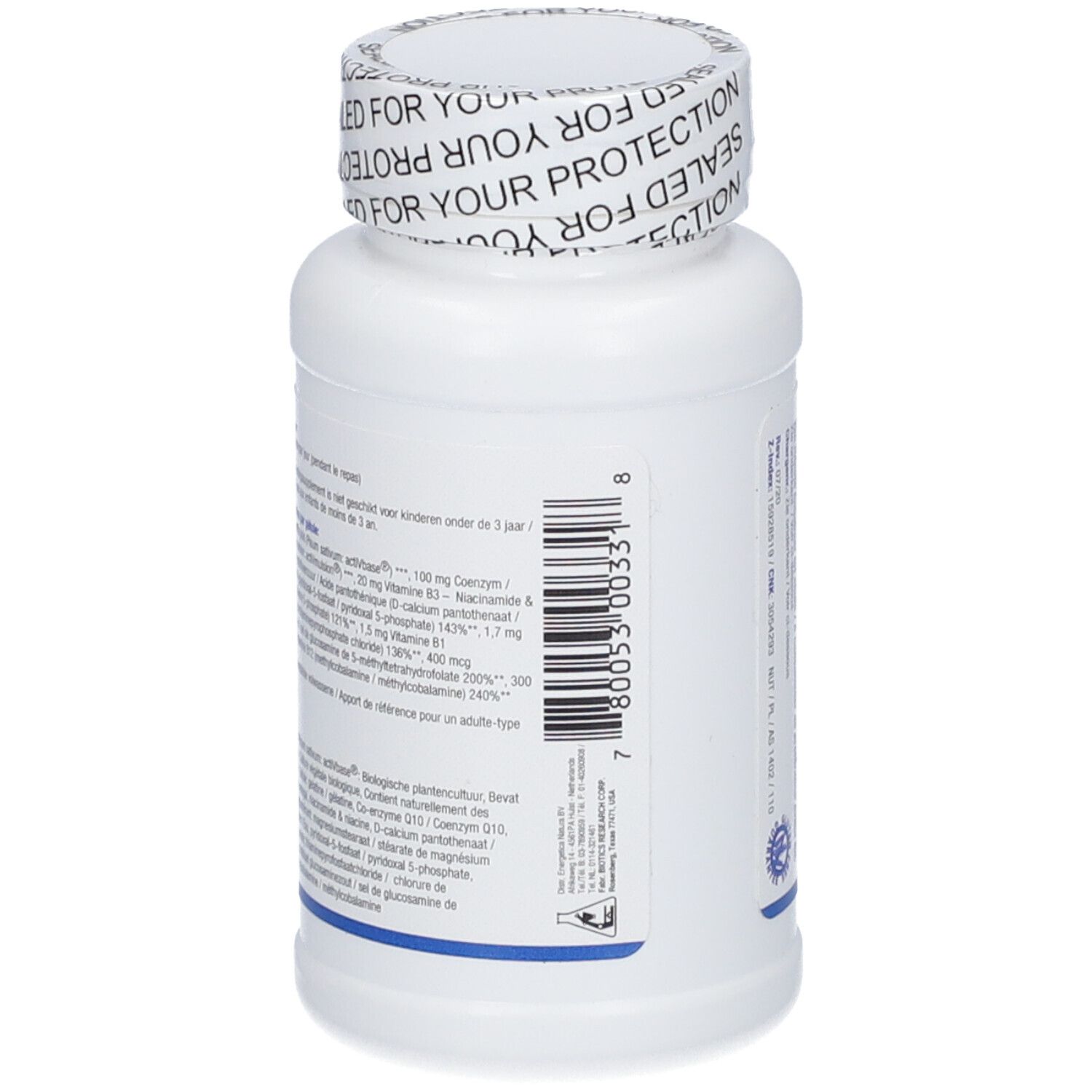 Retro del flacone bianco CoQ-Zyme 100 Plus. Testo con ingredienti e informazioni nutrizionali.