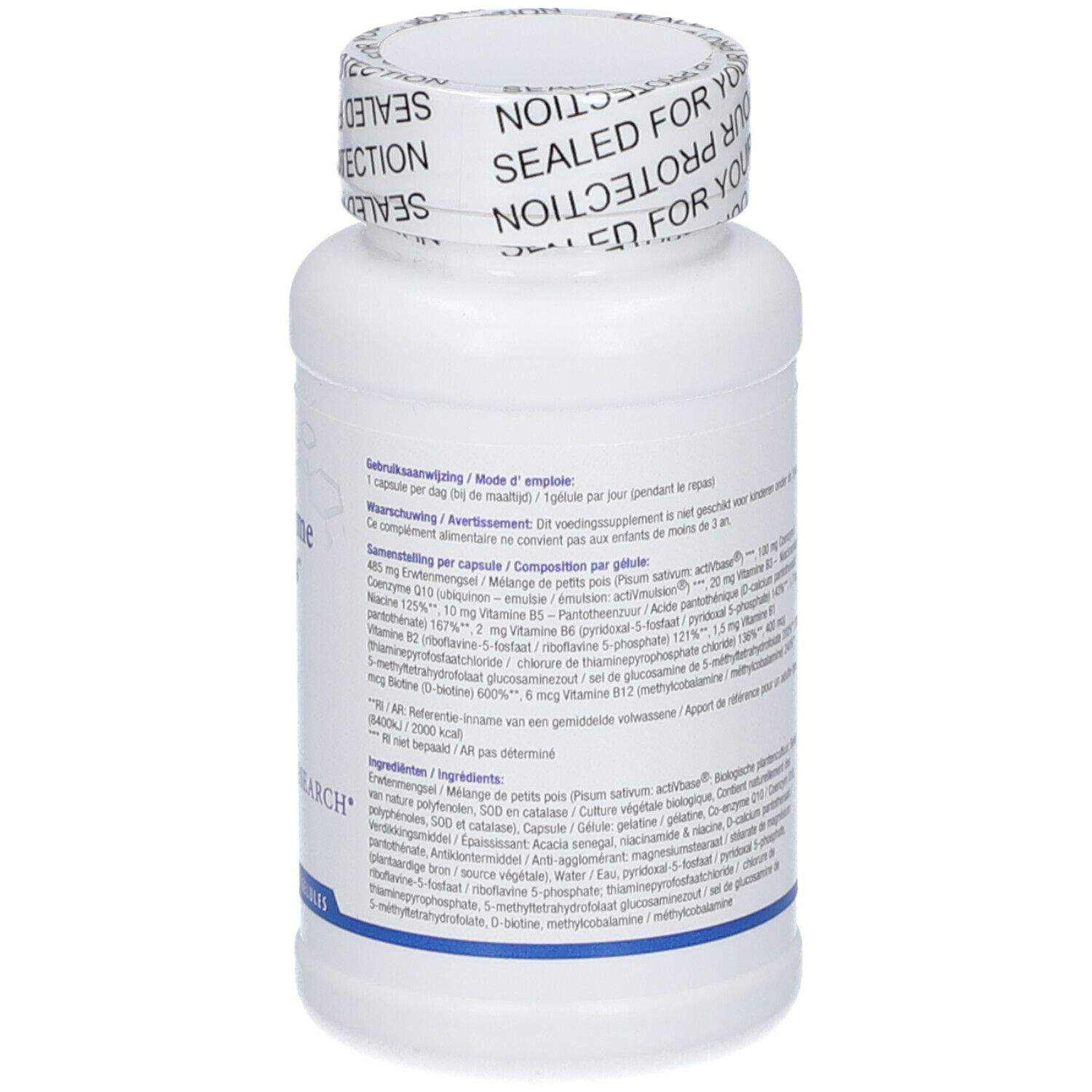 Retro del flacone bianco CoQ-Zyme 100 Plus. Testo con ingredienti e dosaggio.