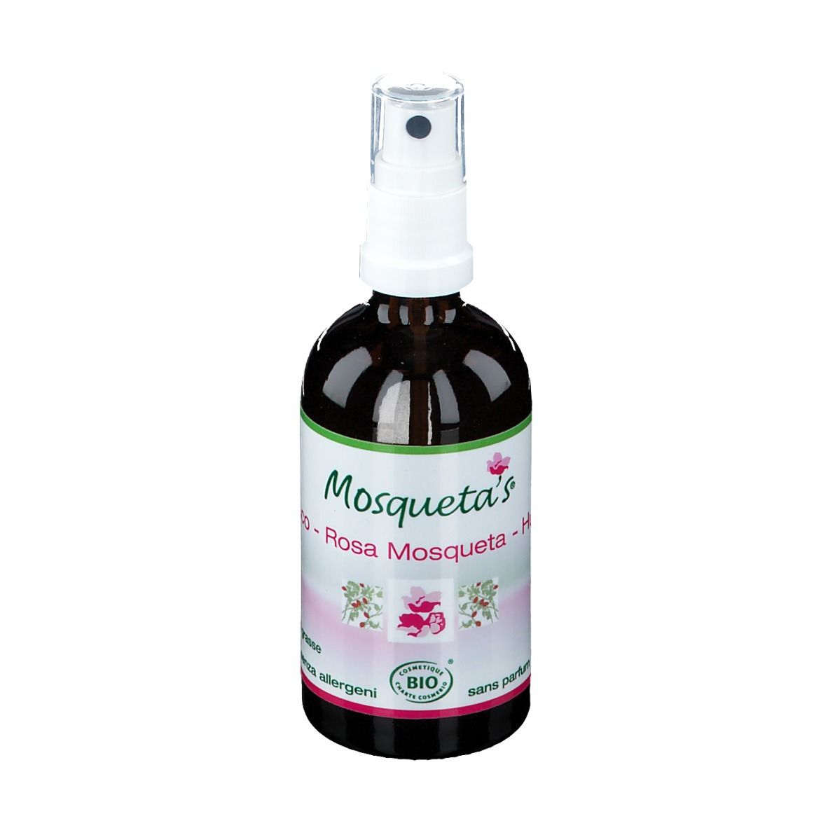 Flacone di vetro marrone con vaporizzatore. Etichetta con nome del prodotto e marchio bio. Olio di Rosa Mosqueta.