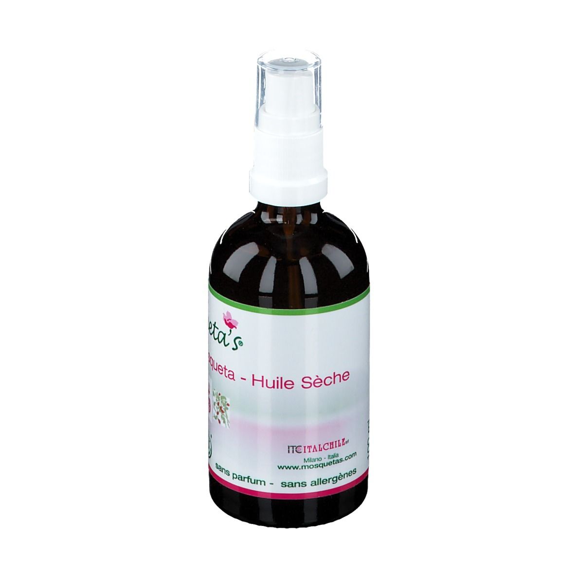 Flacone di vetro marrone con vaporizzatore. Etichetta con nome del prodotto e 'Huile Seche'.
