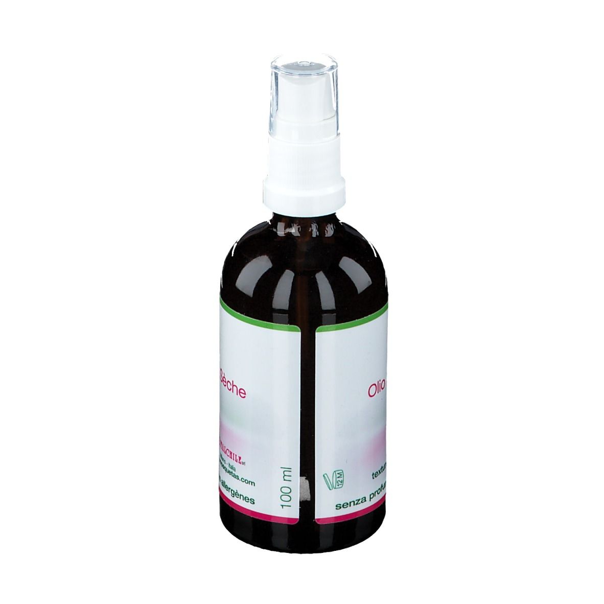 Flacone di vetro marrone con vaporizzatore. Etichetta con nome del prodotto e volume '100 ml'.