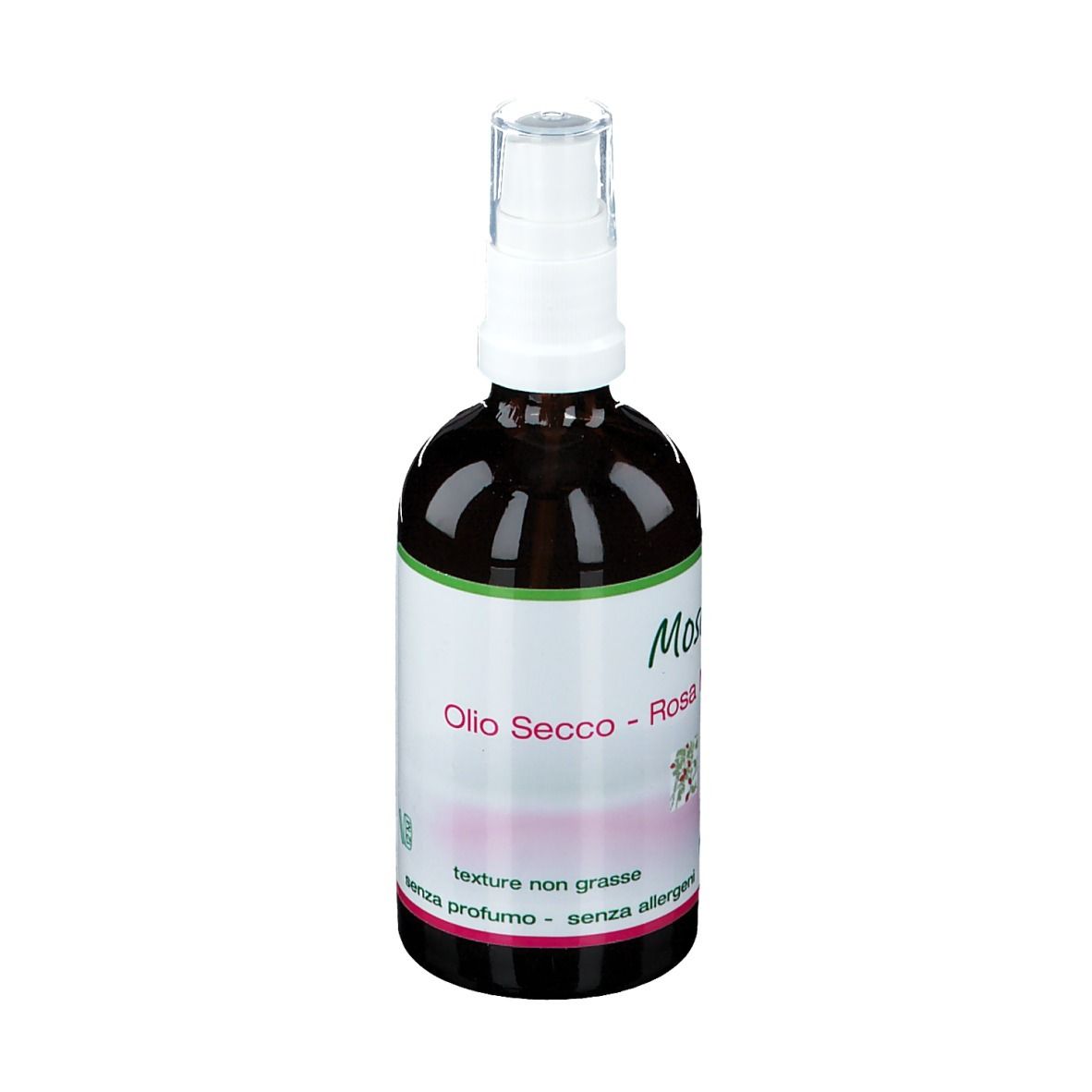 Flacone di vetro marrone con vaporizzatore. Etichetta con nome del prodotto e 'Olio Secco'.