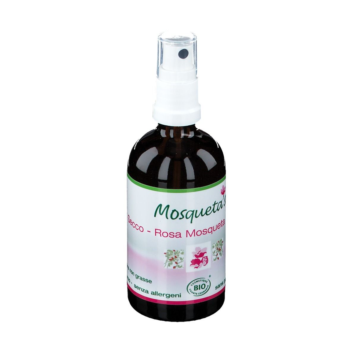 Flacone di vetro marrone con vaporizzatore. Etichetta con nome del prodotto e marchio bio. Olio di Rosa Mosqueta.