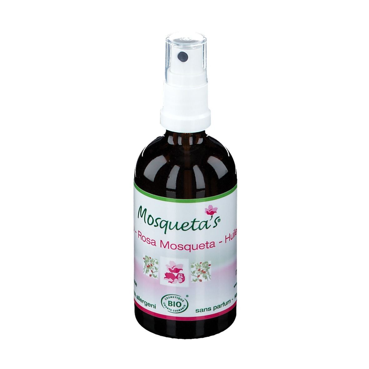 Flacone di vetro marrone con vaporizzatore. Etichetta con nome del prodotto e marchio bio. Olio di Rosa Mosqueta.