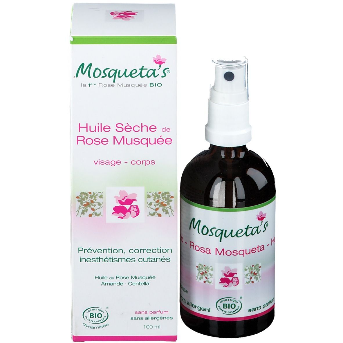 Flacone con confezione in cartone. Flacone con vaporizzatore, etichetta con nome del prodotto e marchio bio.