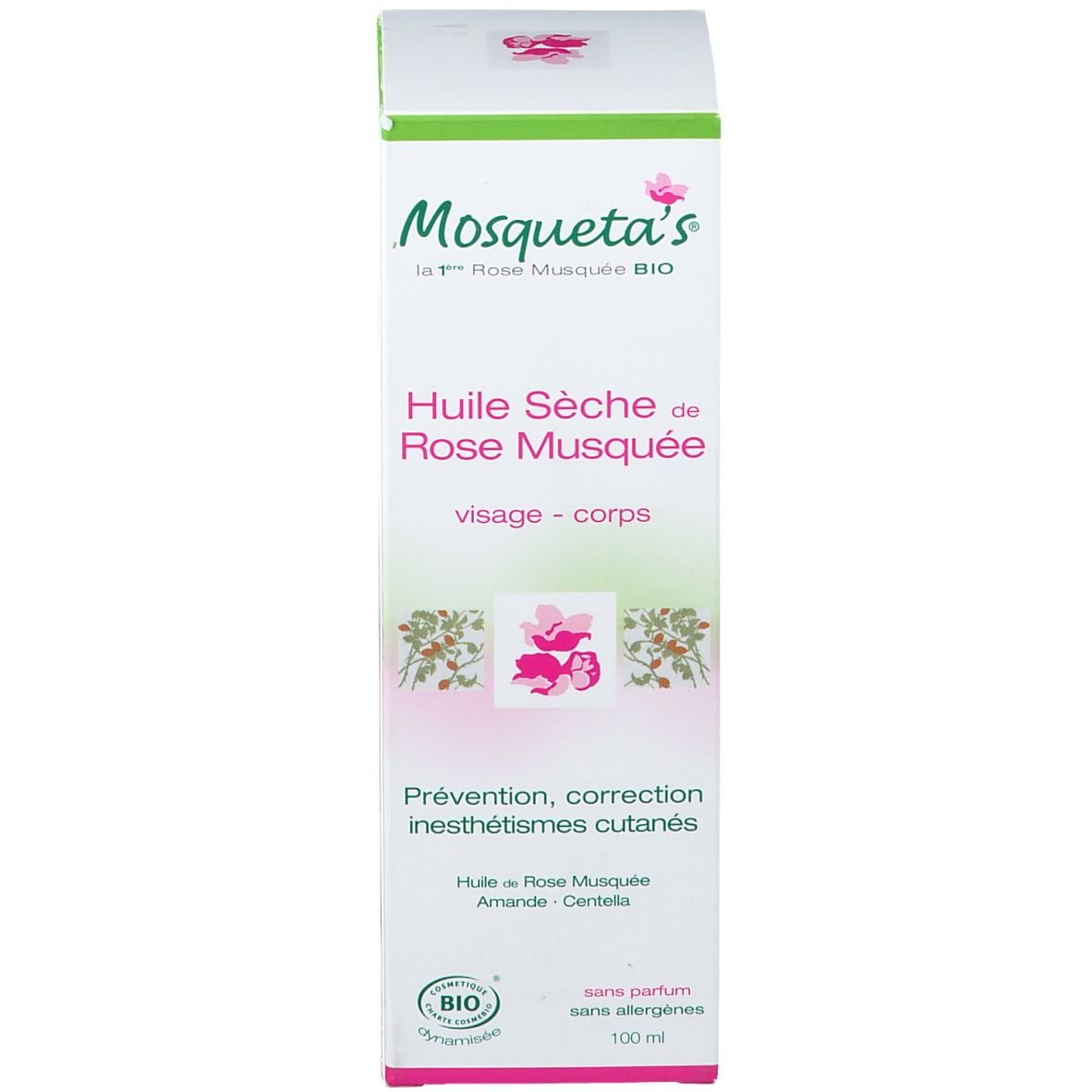 Confezione in cartone con nome del prodotto e marchio bio. Scritta 'Huile Seche de Rose Musquee'.