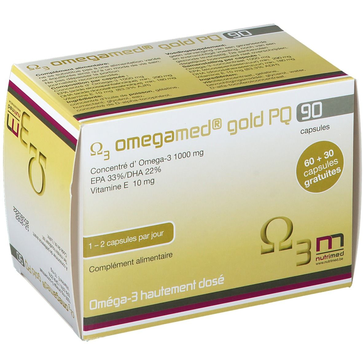 Confezione di Omegamed® Gold PQ 90. Contiene 90 capsule. Scritta: Omega-3, 1000 mg, EPA 33%/DHA 22%, Vitamina E 10 mg. 60+30 capsule gratis.