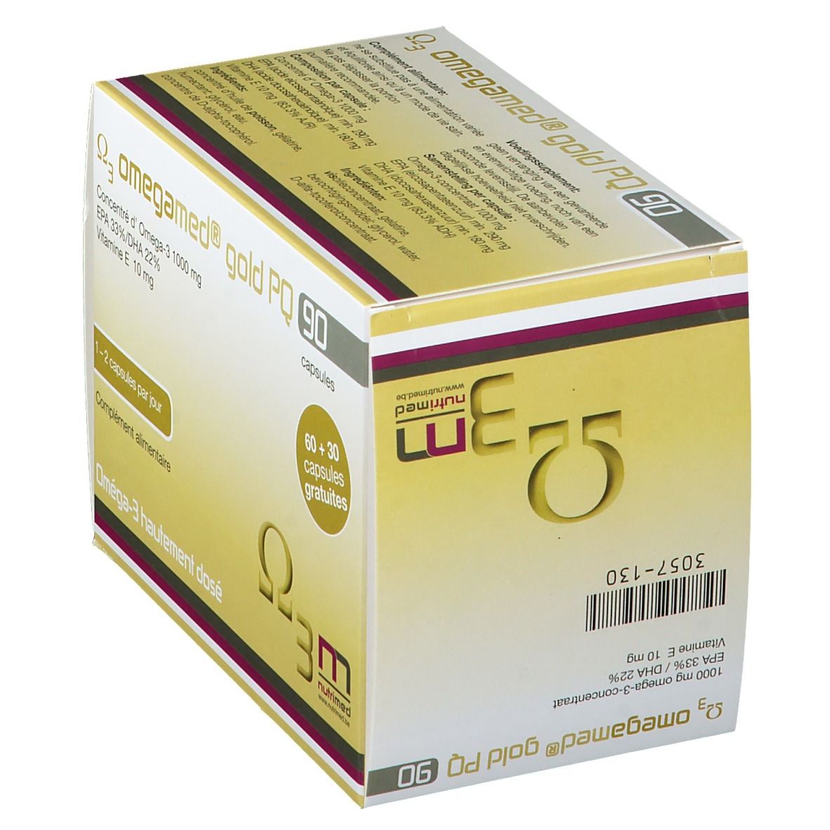 Confezione di Omegamed® Gold PQ 90. Contiene 90 capsule. Scritta: Omega-3, 1000 mg, EPA 33%/DHA 22%, Vitamina E 10 mg. 60+30 capsule gratis.