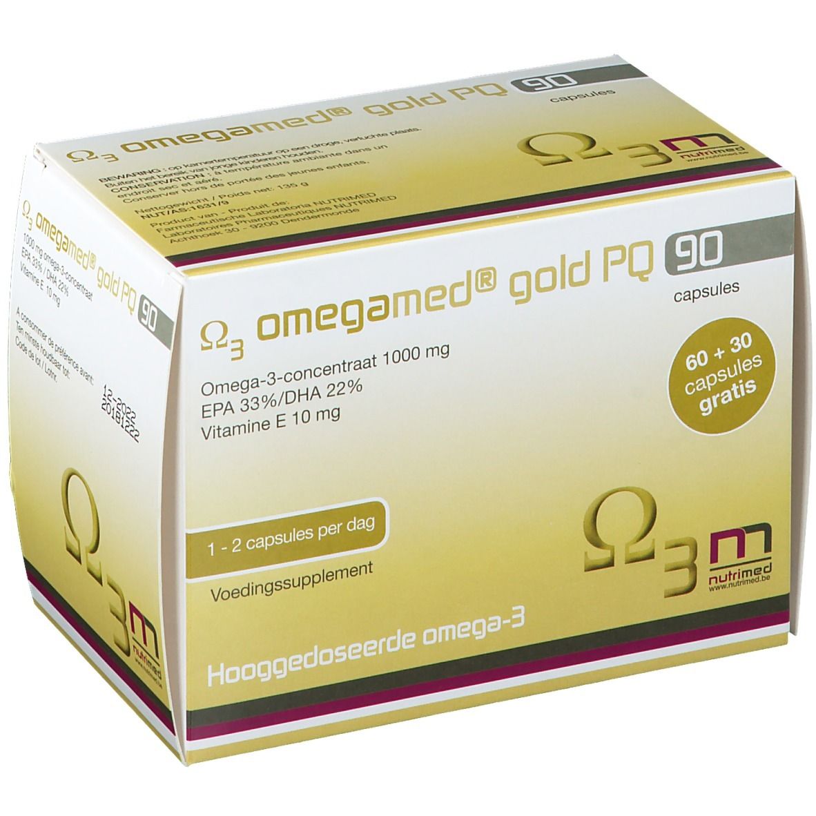 Confezione di Omegamed® Gold PQ 90. Contiene 90 capsule. Scritta: Omega-3, 1000 mg, EPA 33%/DHA 22%, Vitamina E 10 mg. 60+30 capsule gratis.
