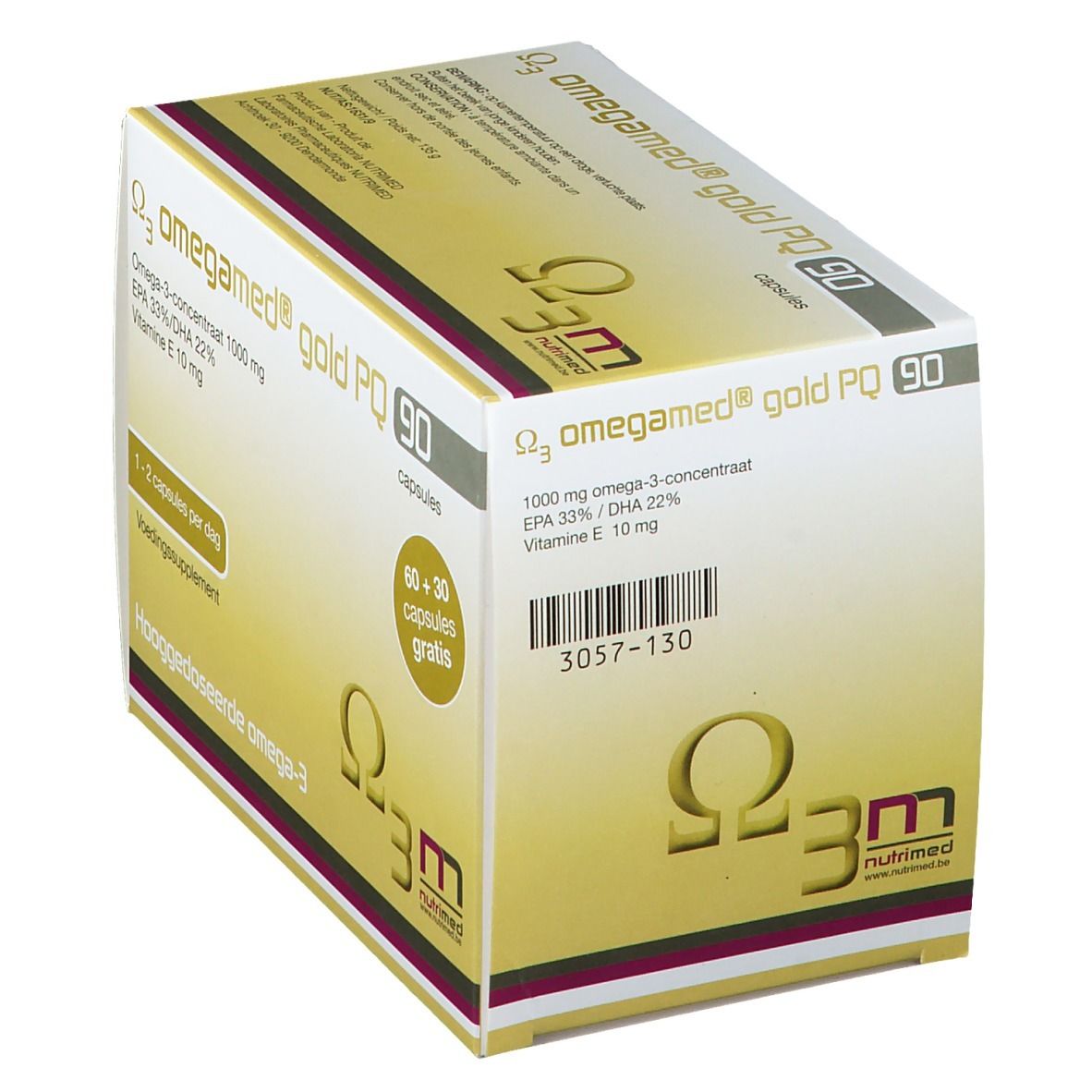 Confezione di Omegamed® Gold PQ 90. Contiene 90 capsule. Scritta: Omega-3, 1000 mg, EPA 33%/DHA 22%, Vitamina E 10 mg. 60+30 capsule gratis.