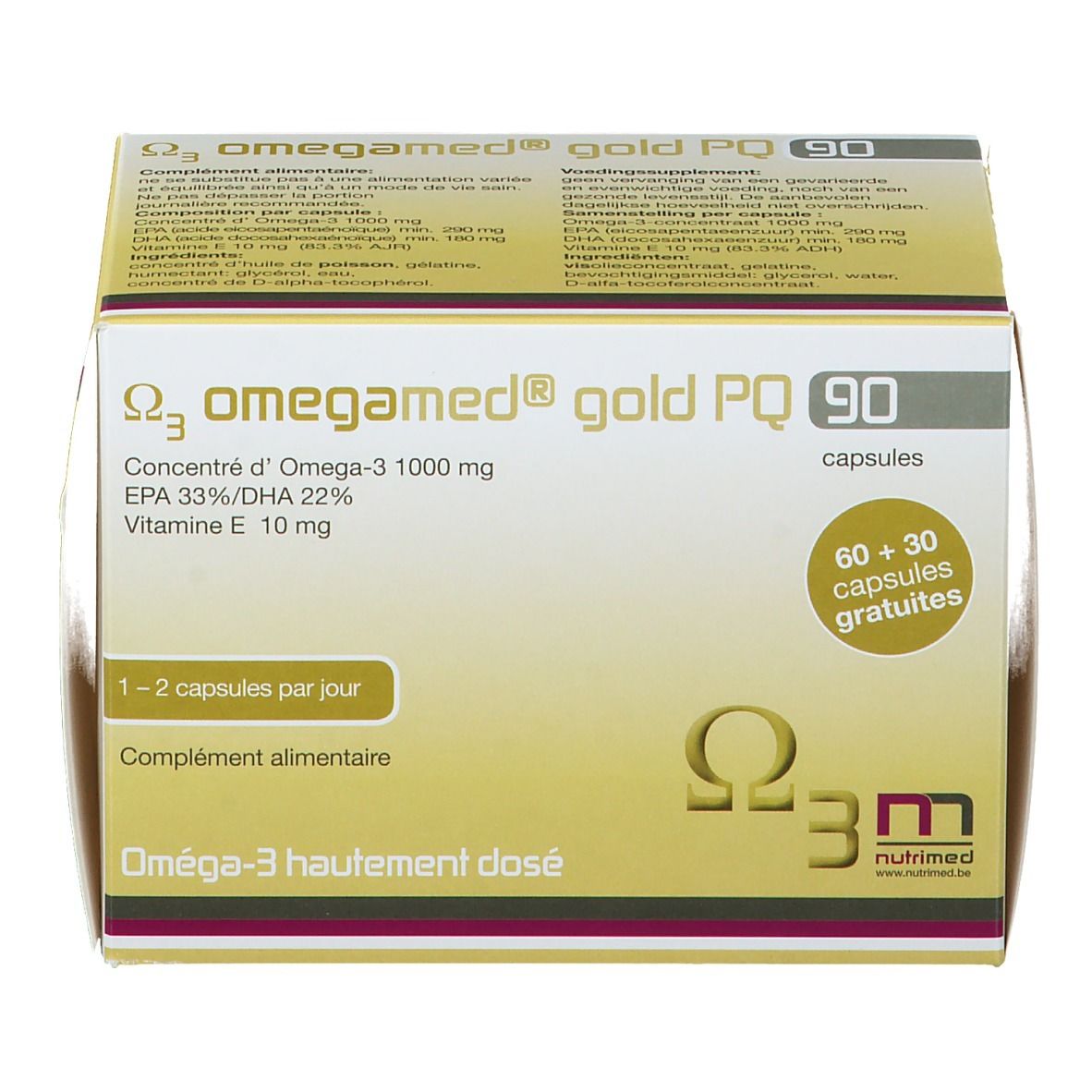 Confezione di Omegamed® Gold PQ 90. Contiene 90 capsule. Scritta: Omega-3, 1000 mg, EPA 33%/DHA 22%, Vitamina E 10 mg. 60+30 capsule gratis.