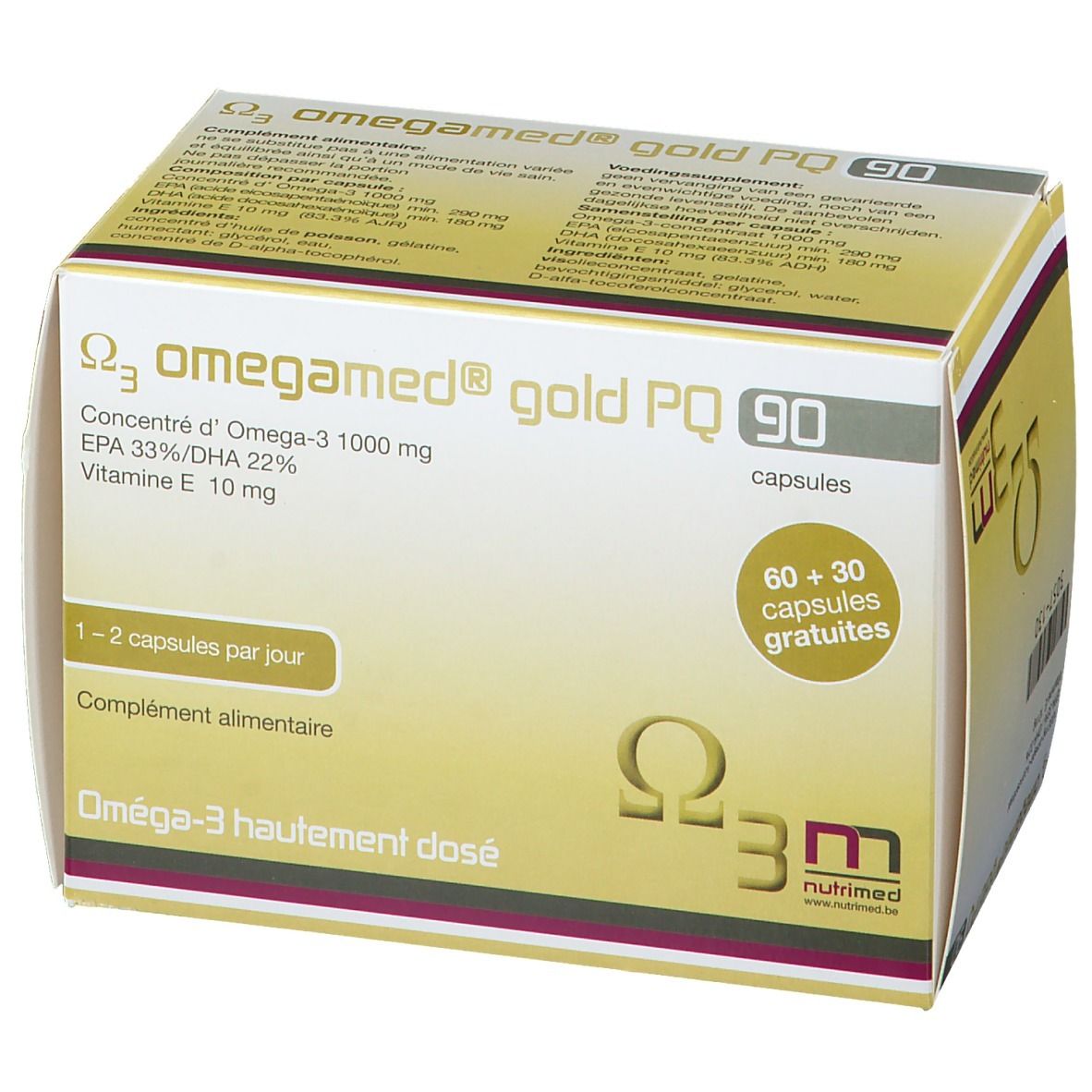 Confezione di Omegamed® Gold PQ 90. Contiene 90 capsule. Scritta: Omega-3, 1000 mg, EPA 33%/DHA 22%, Vitamina E 10 mg. 60+30 capsule gratis.