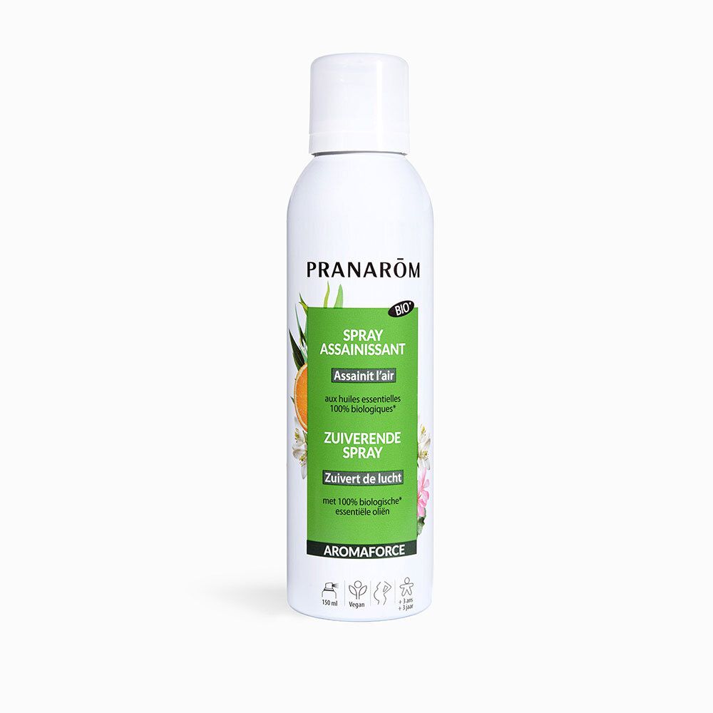 Spray bianco con etichetta verde. Scritte: Pranarôm, Spray assainissant, Aromaforce. Certificazione Bio.