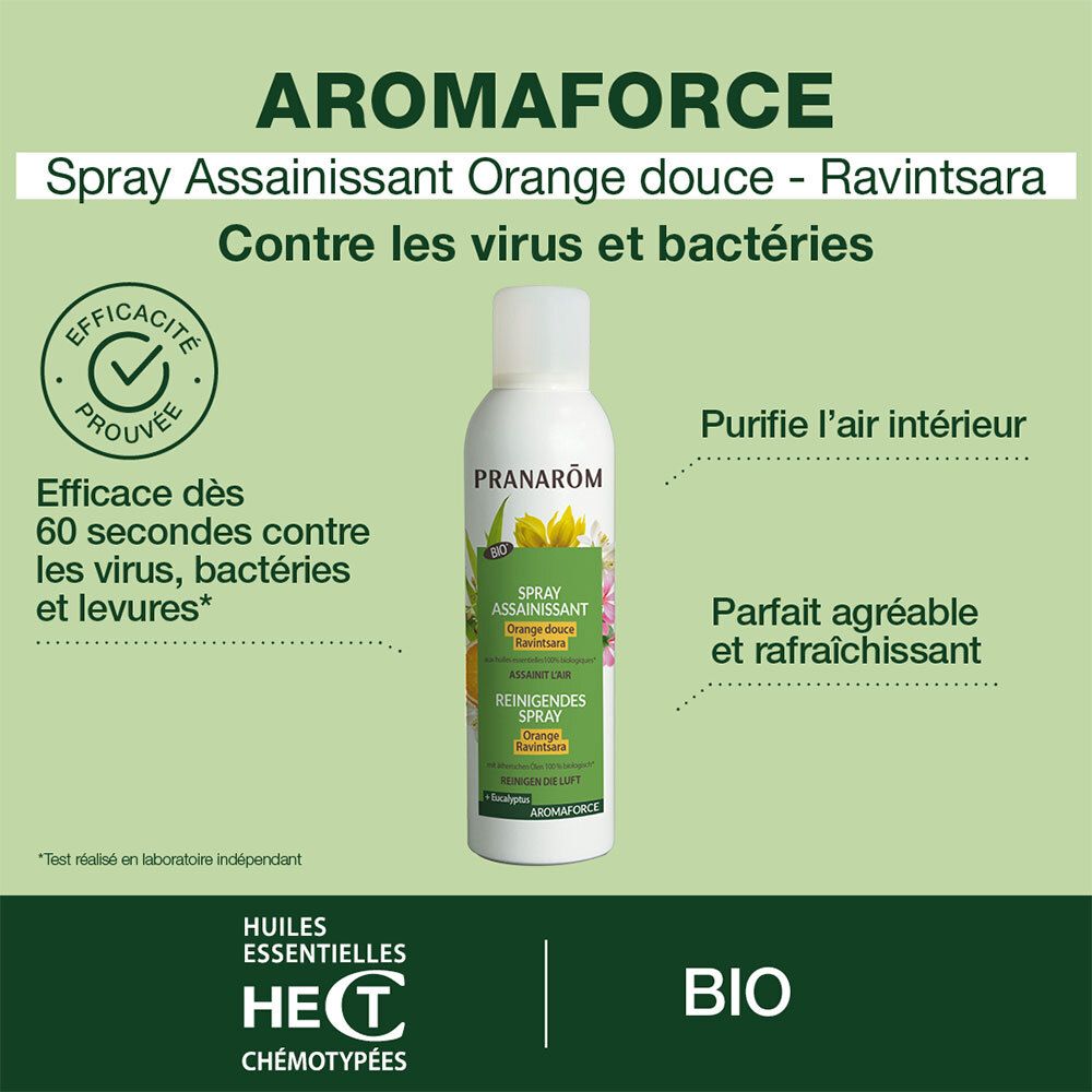 Prodotto su sfondo verde. Testo: Aromaforce, Spray assainissant, Orange douce - Ravintsara. Certificazione Bio.