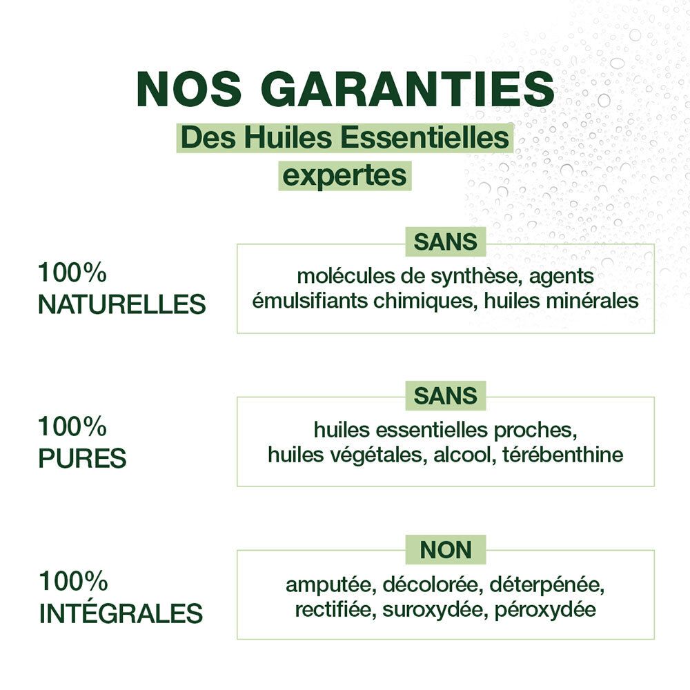 Testo su sfondo bianco. Titolo: Nos garanties. Testo sugli ingredienti 100% naturali, puri e integrali.