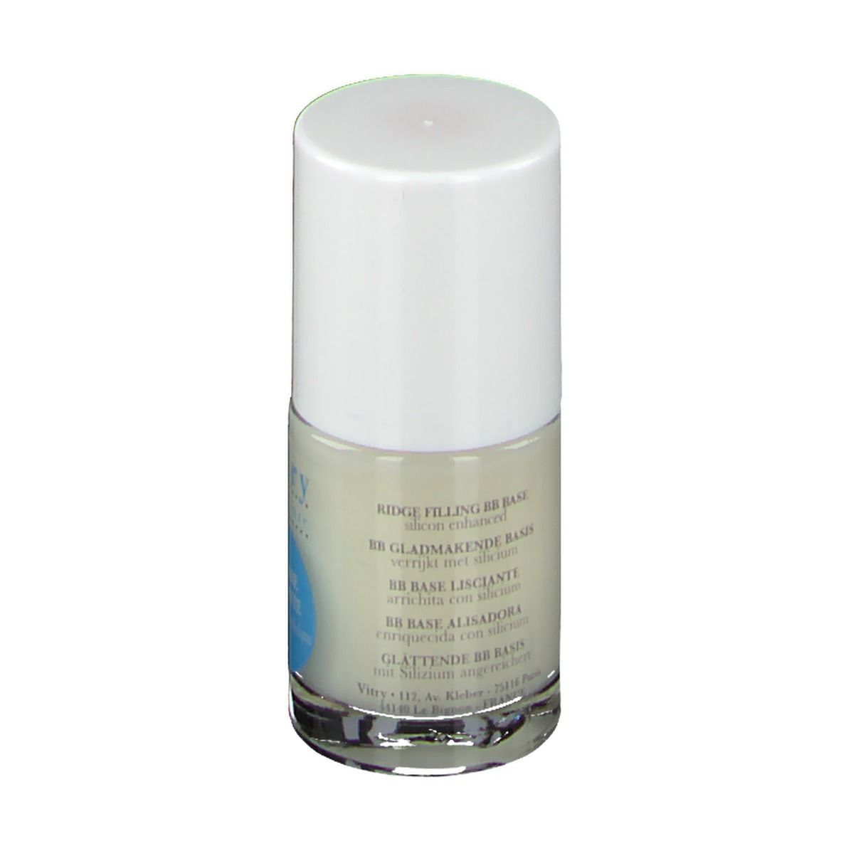 Flacone di smalto con tappo bianco. Scritte: RIDGE FILLING BB BASE, BB BASE LISCIANTE, BB BASE ALISADORA, GLÄTTENDE BB BASIS.