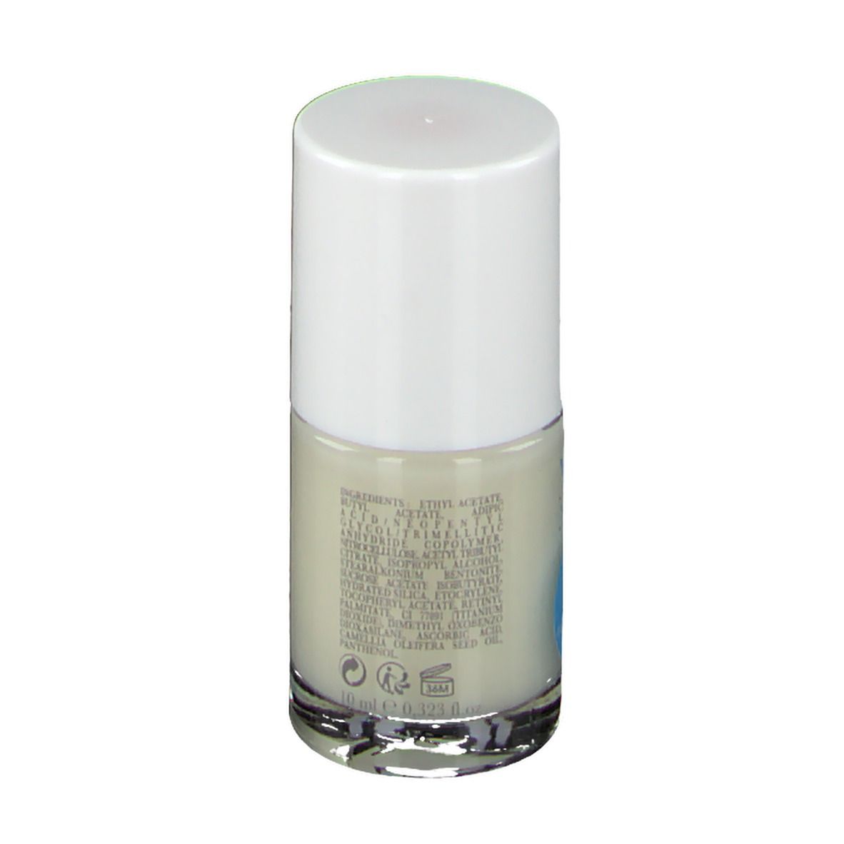 Flacone di smalto con tappo bianco. Scritte: Ingredienti, 10 ml, 12M. Vitry Nail Care.