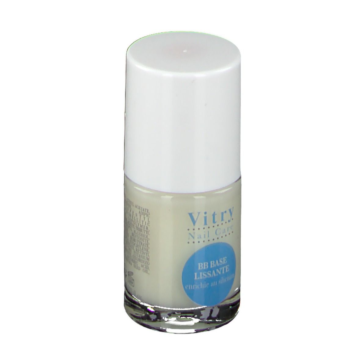 Flacone di smalto con tappo bianco. Adesivo blu con testo: BB BASE lissante enrichie en silicium. Vitry Nail Care.