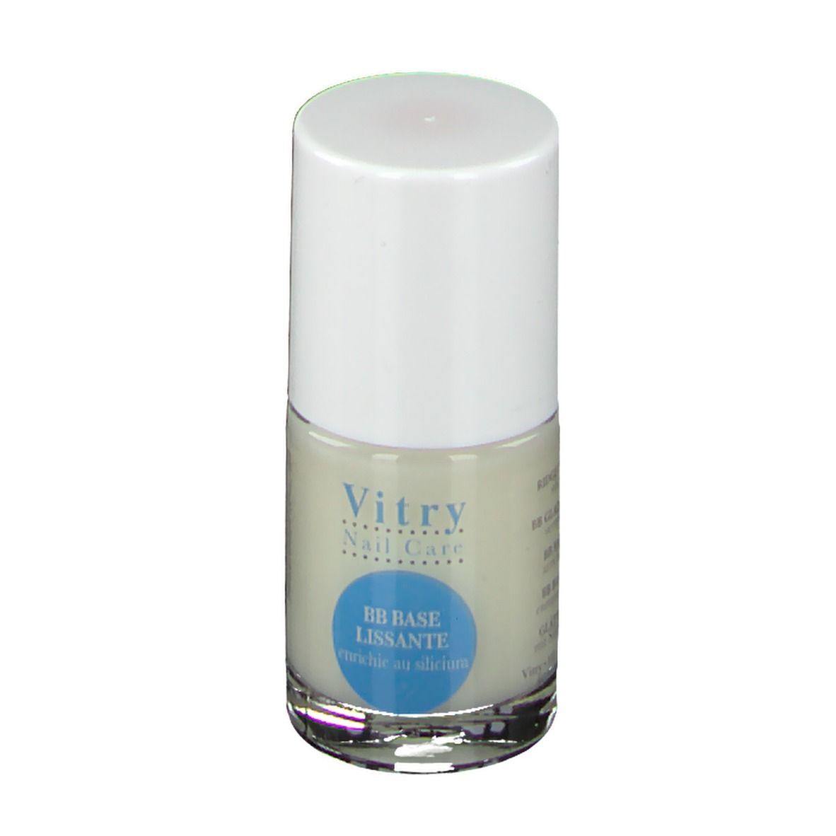 Flacone di smalto con tappo bianco. Adesivo blu con testo: BB BASE lissante enrichie en silicium. Vitry Nail Care.