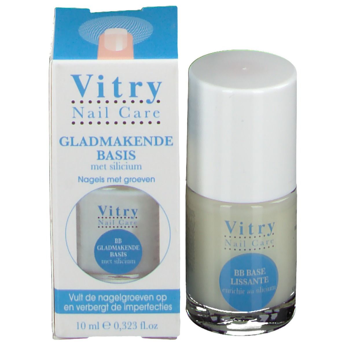 Flacone di smalto e confezione. Scritte: Vitry Nail Care, GLADMAKENDE BASIS met silicium. 10 ml.