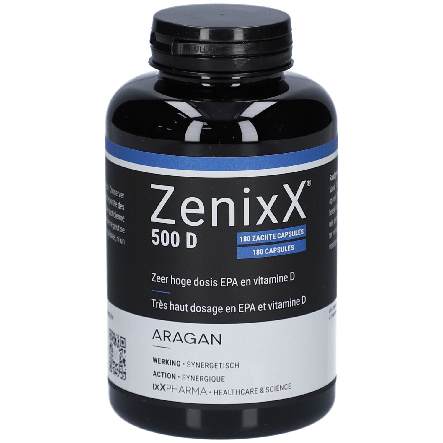 Scatola Zenixx 500 D. Scatola blu con nome del prodotto e 180 capsule. Contiene omega-3, EPA, DHA e vitamina D3.