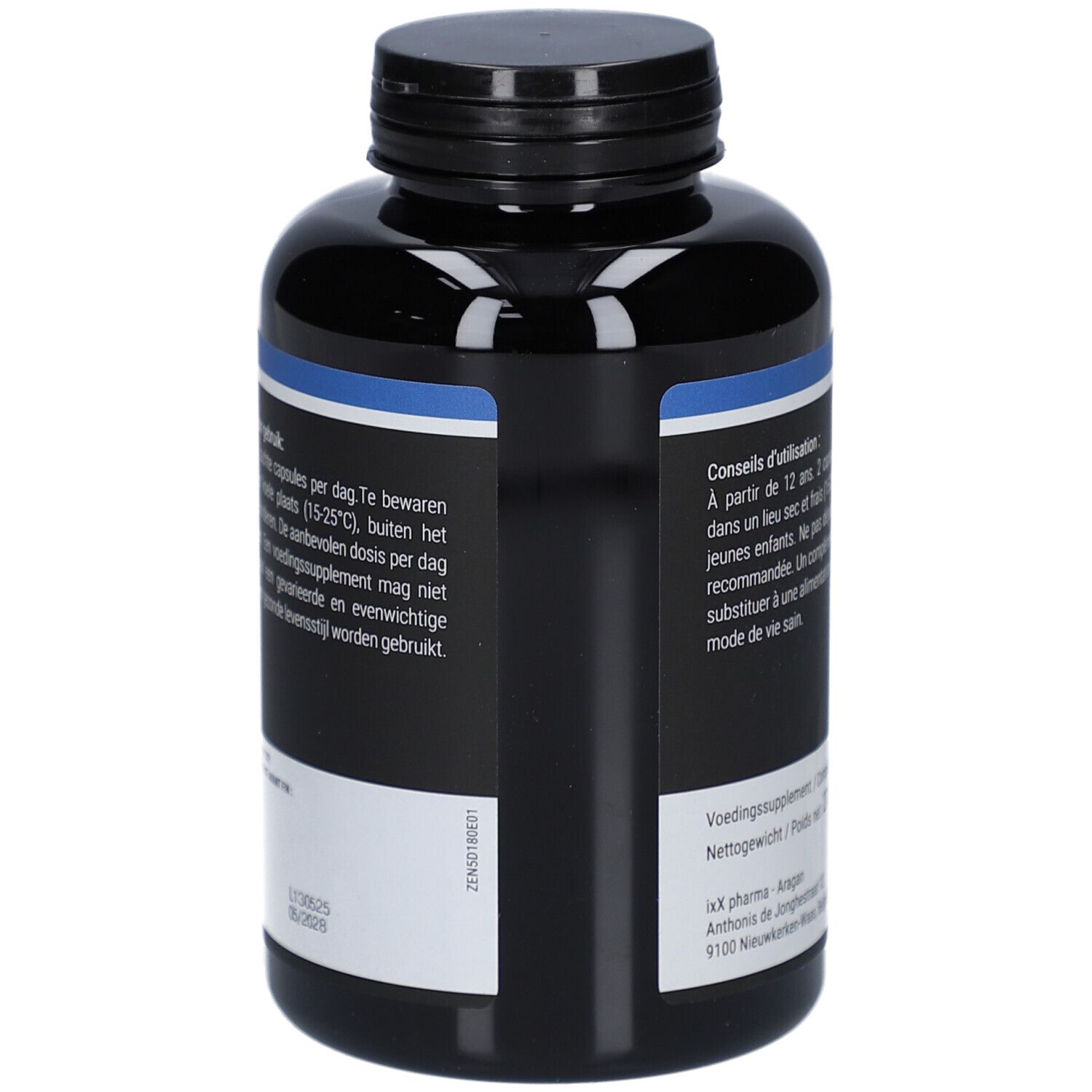 Retro della scatola Zenixx 500 D. Contiene informazioni sugli ingredienti, il dosaggio e le istruzioni per l'uso.